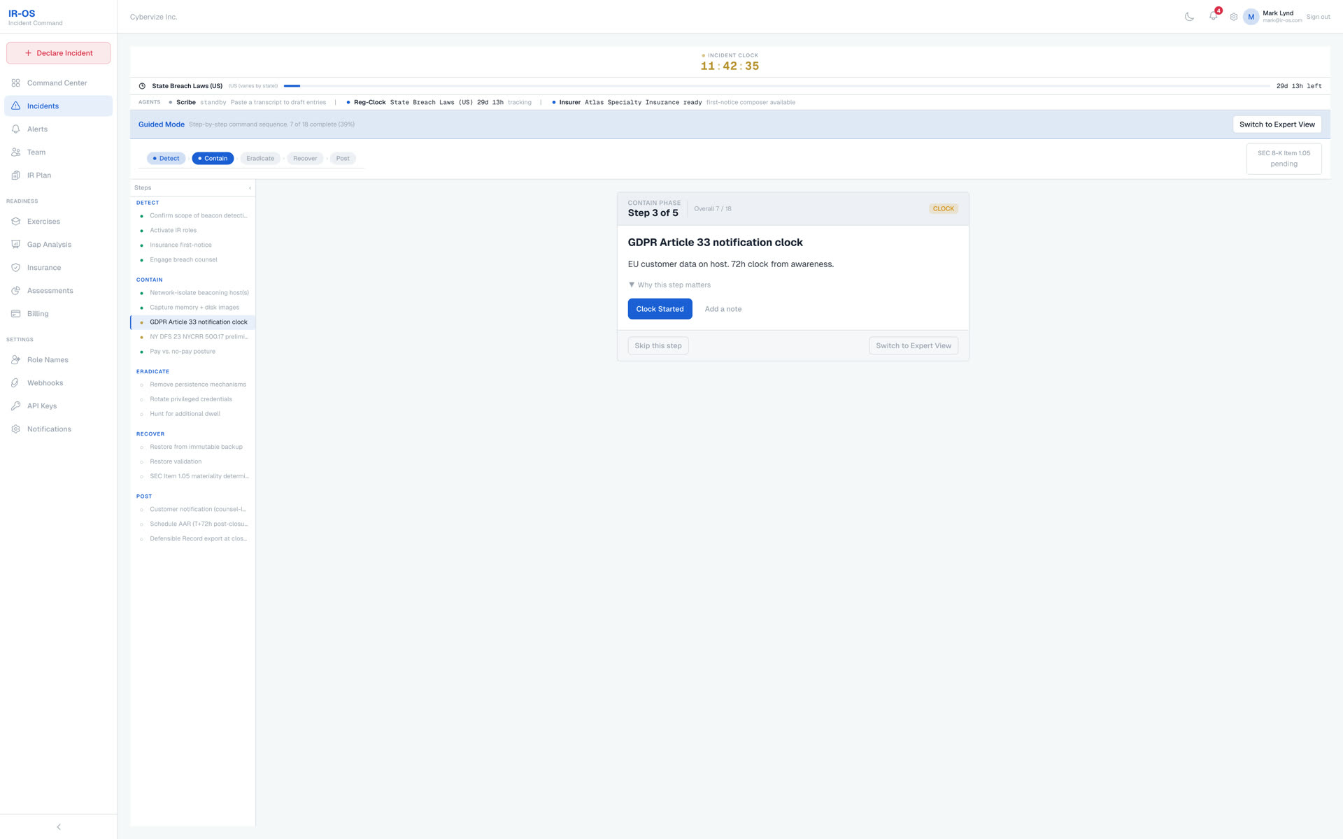 IR-OS incident workspace displaying regulatory notification clocks