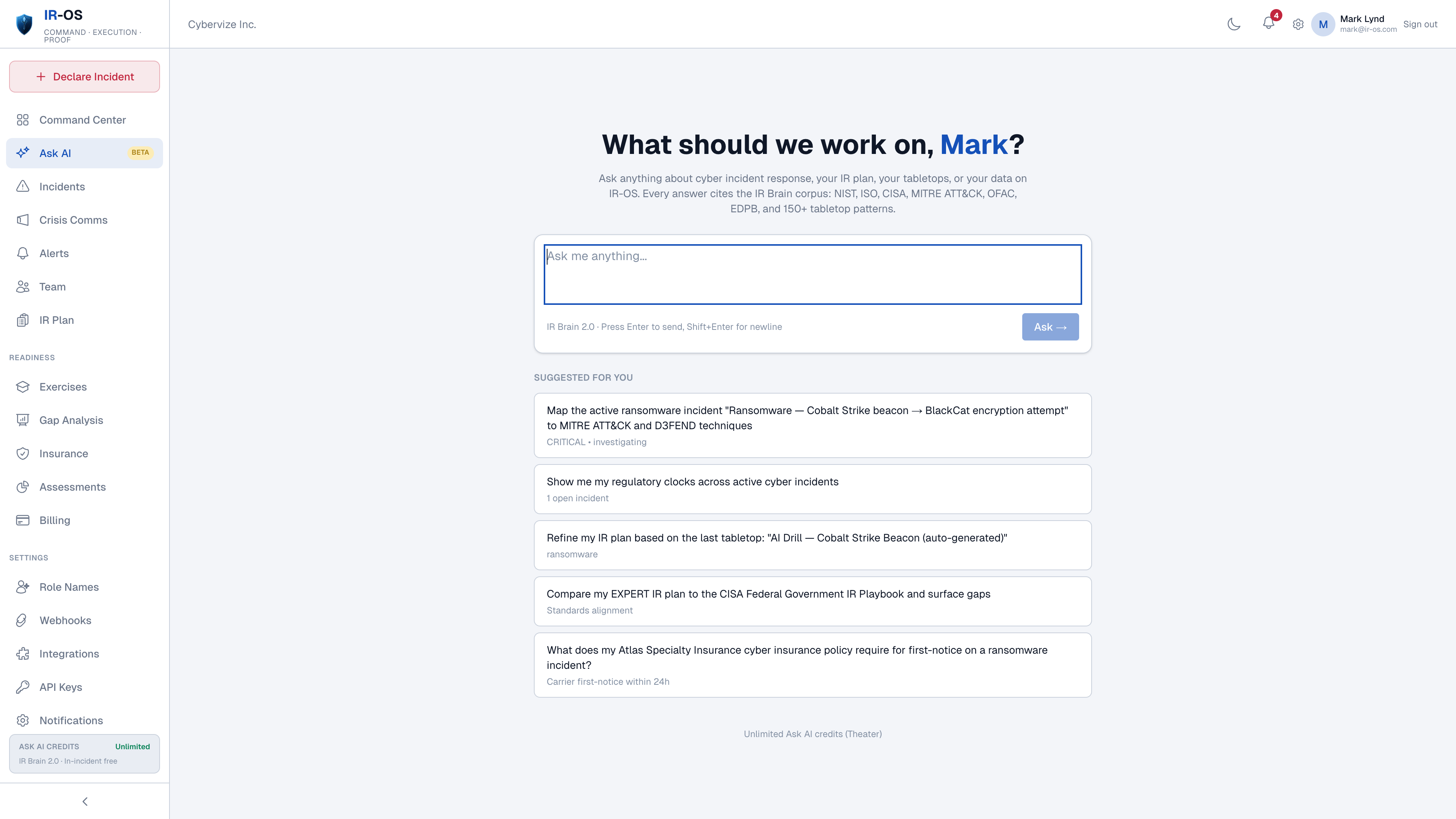 IR-OS AI assistance workspace with suggested incident response tasks