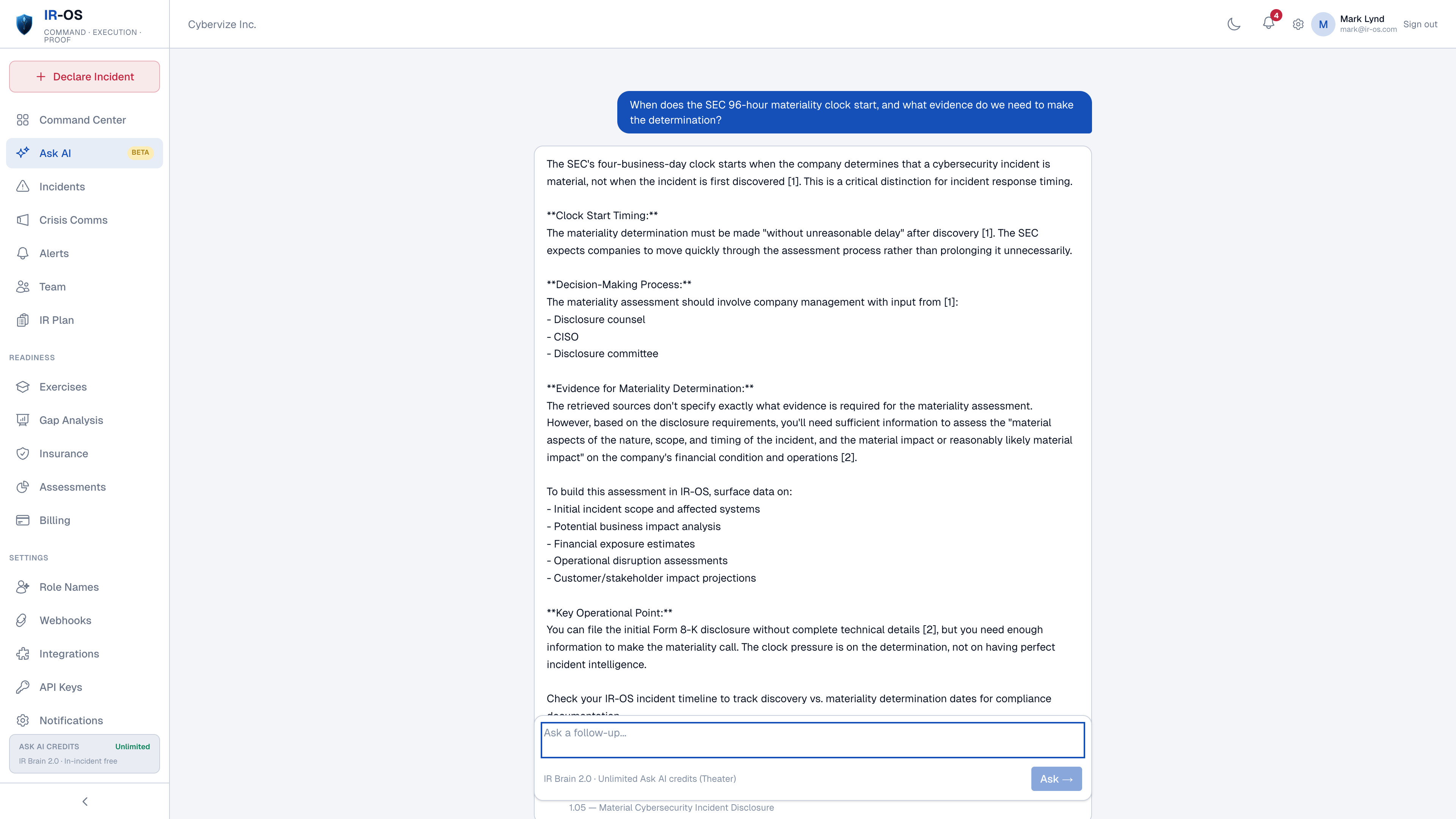 IR-OS AI assistant response with citations to supporting material