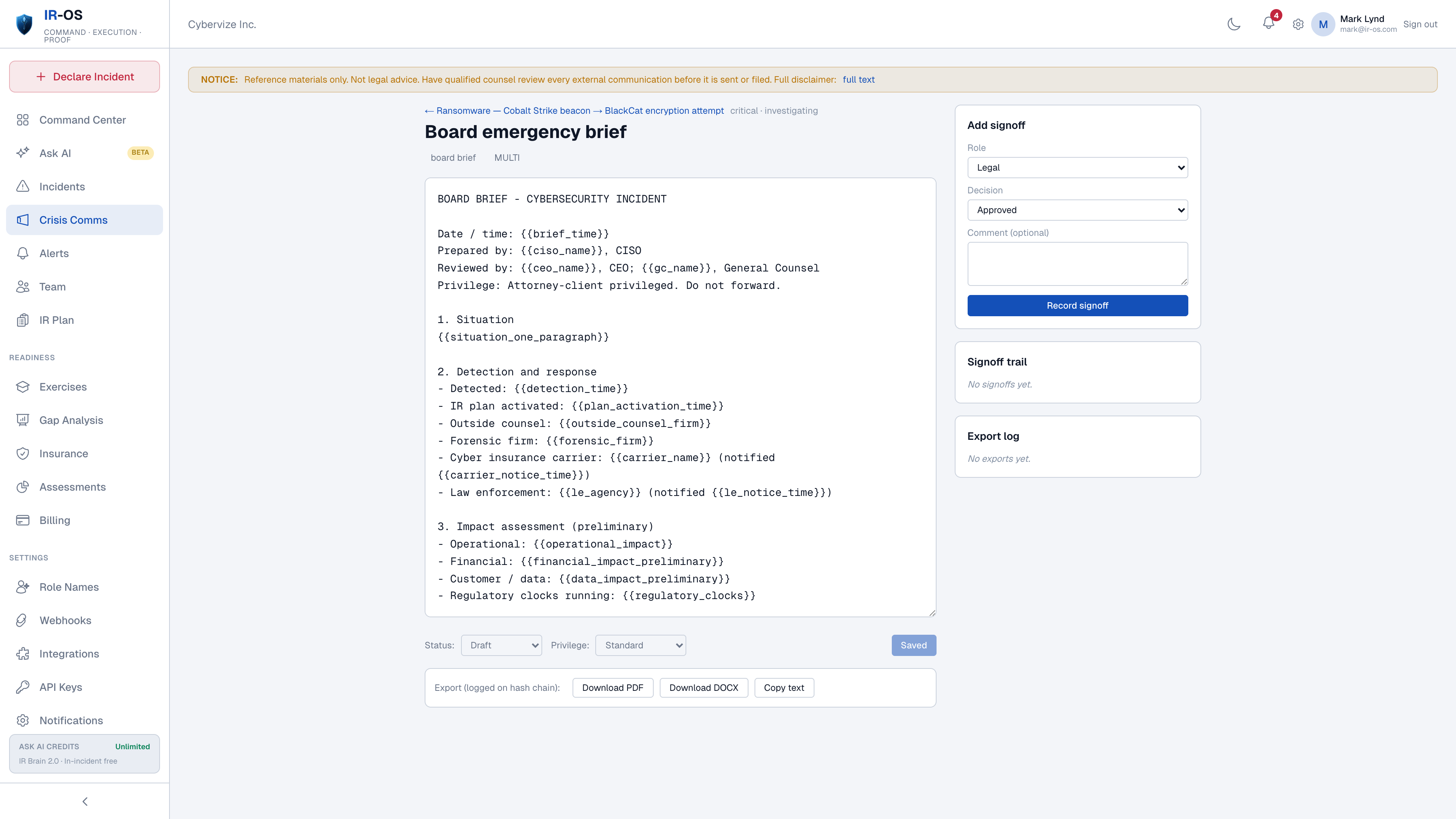 IR-OS crisis communications editor with a structured draft and review controls