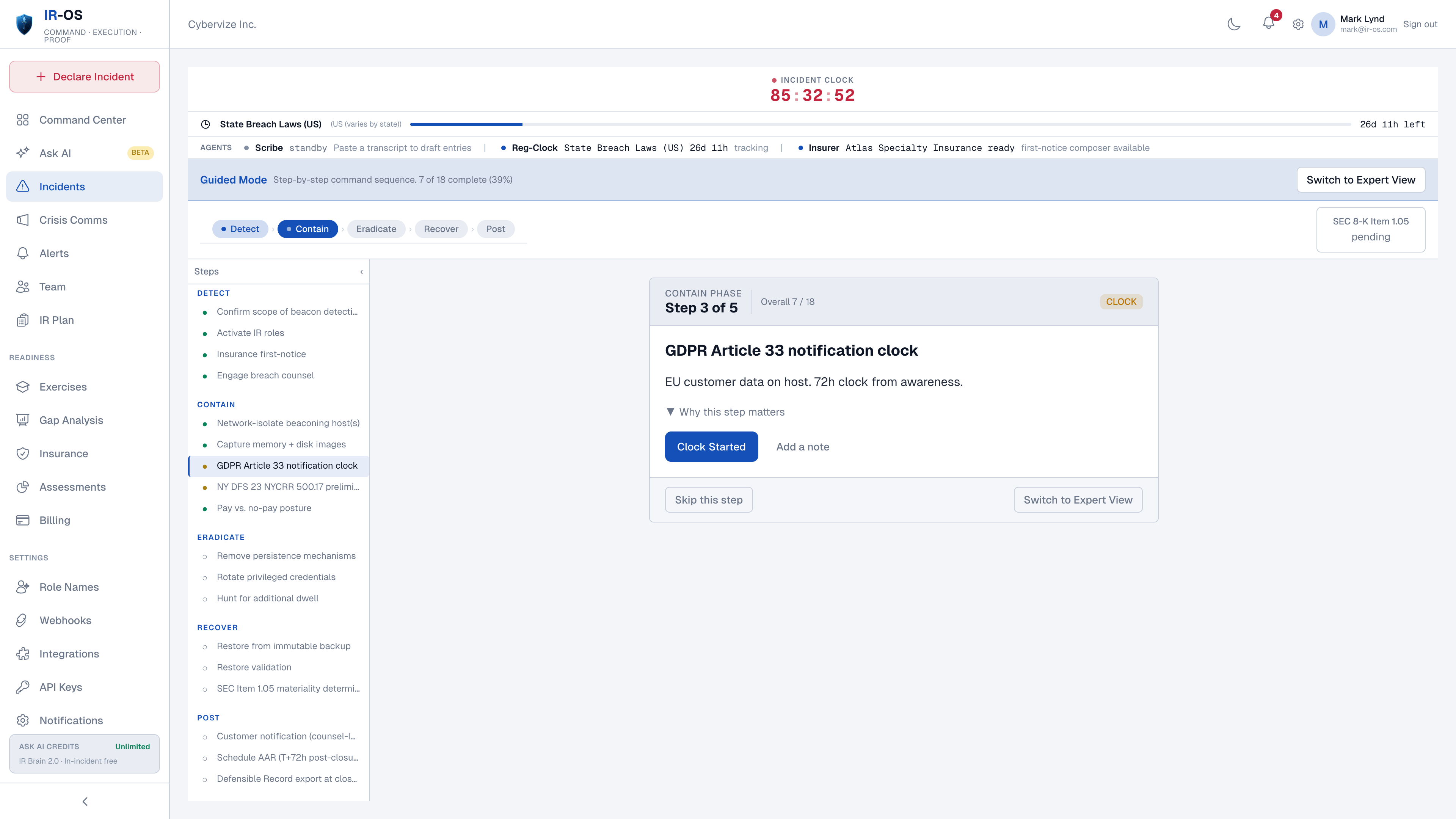 IR-OS active incident workspace with a structured runbook and response work